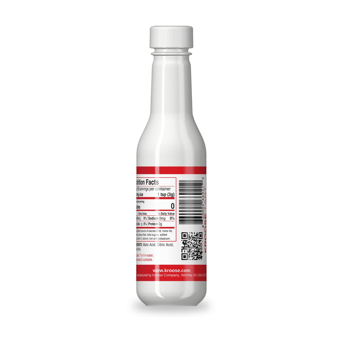 Kroose Tart back label: Nutrition Facts, 1 tsp (3 g) serving, about 38 servings, 0 calories; ingredients malic, citric and tartaric acid
