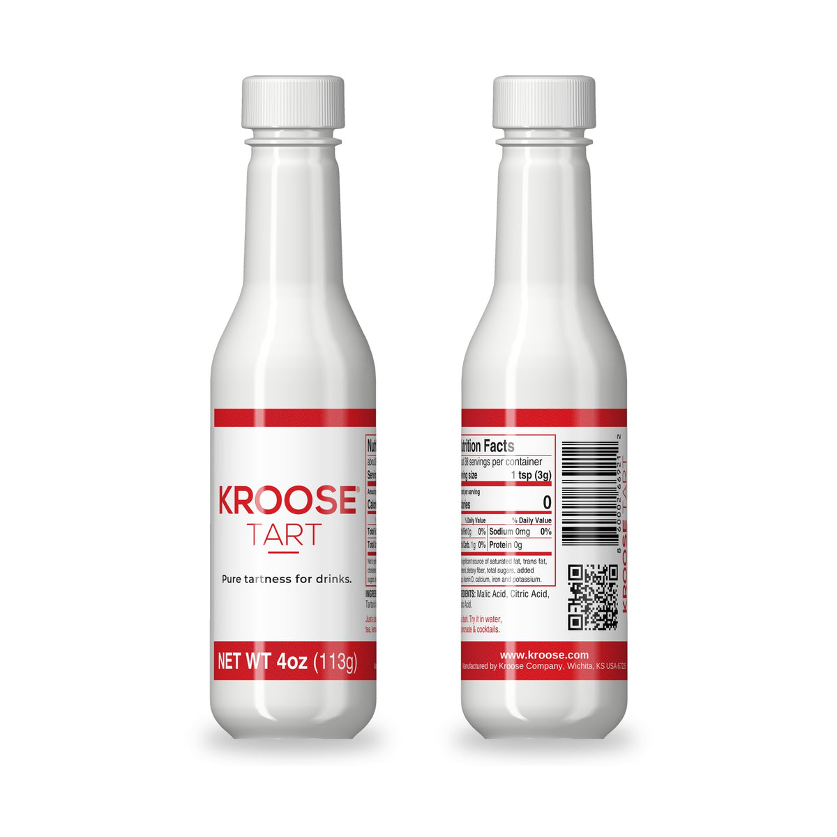 Two bottles of Kroose Tart, front and back labels